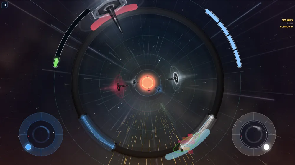 Gameplay: two emitters on a ring guarding a warp lane